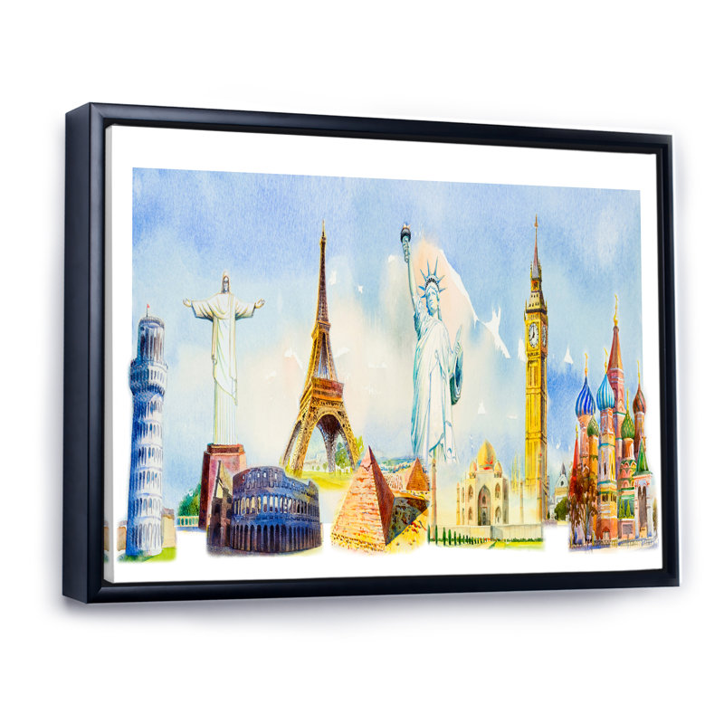 «Famous Repères Of The World IV», reproduction sur toile flottante, H 16 po x l 32 po x P 1 po, Cadre flottant noir