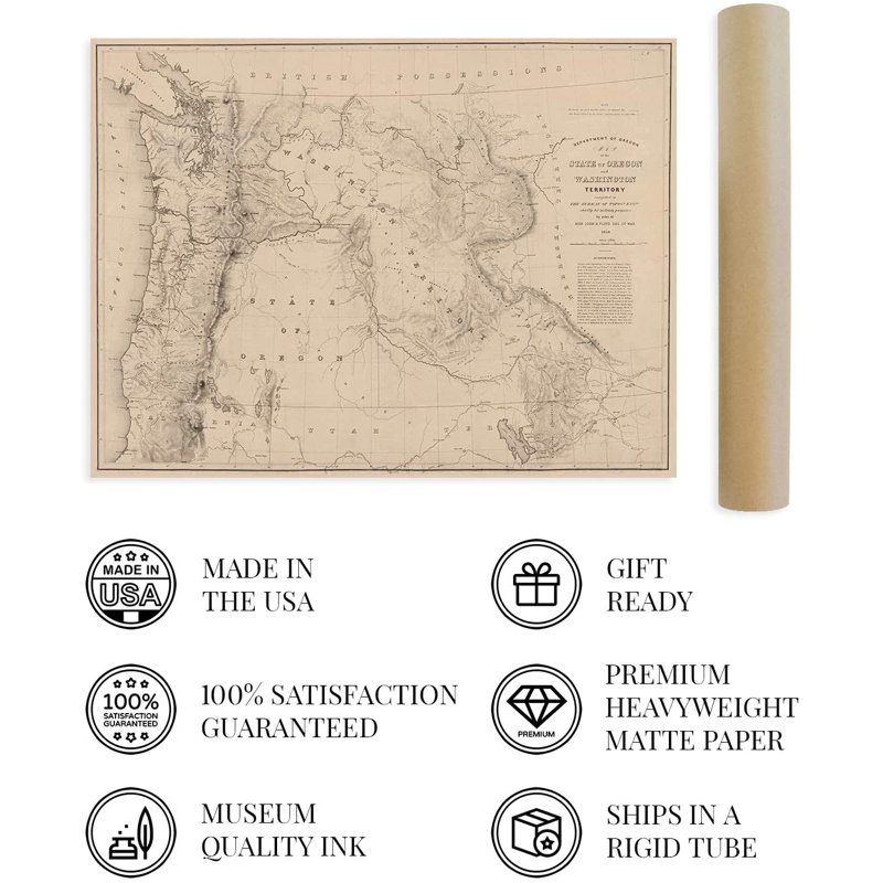 «1859 State of Oregon and Washington Terrory Map», impression d'art graphique sur papier sans cadre