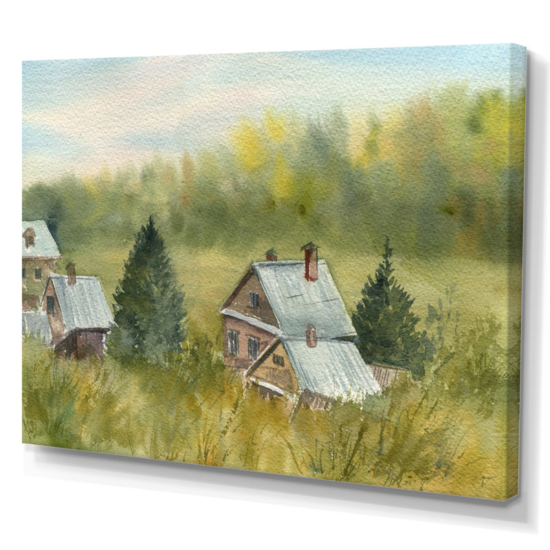 Petites maisons dans un paysage vert champêtre, reproduction d'art sur toile, H 12 po x l 20 po x P 1 po, Toile tendue