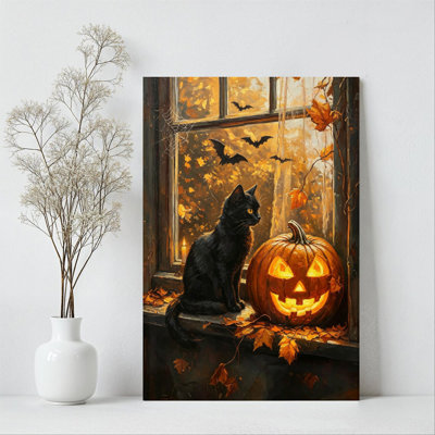 Halloween Black Cat Gazing at Glowing Jack-O'-Lantern by Window with Bats Outside Canvas Wall Art - Gallery Wrap Canvas with Solid Wood Inner Frame, Ready to Hang