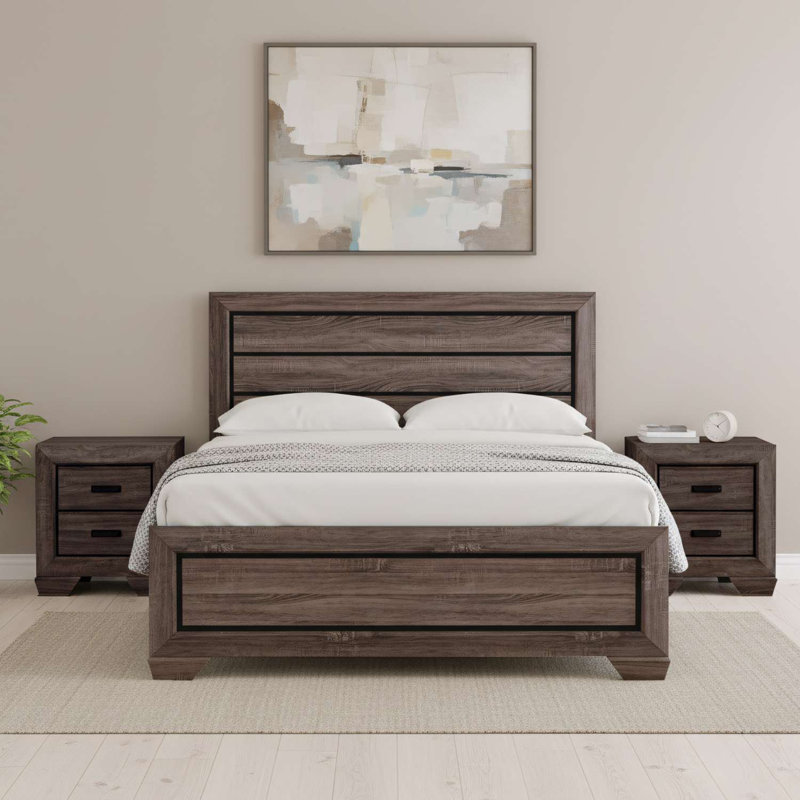 Ensemble de chambre à coucher 3 pièces avec lit à panneaux très grand et deux tables de chevet en bois brun patiné
