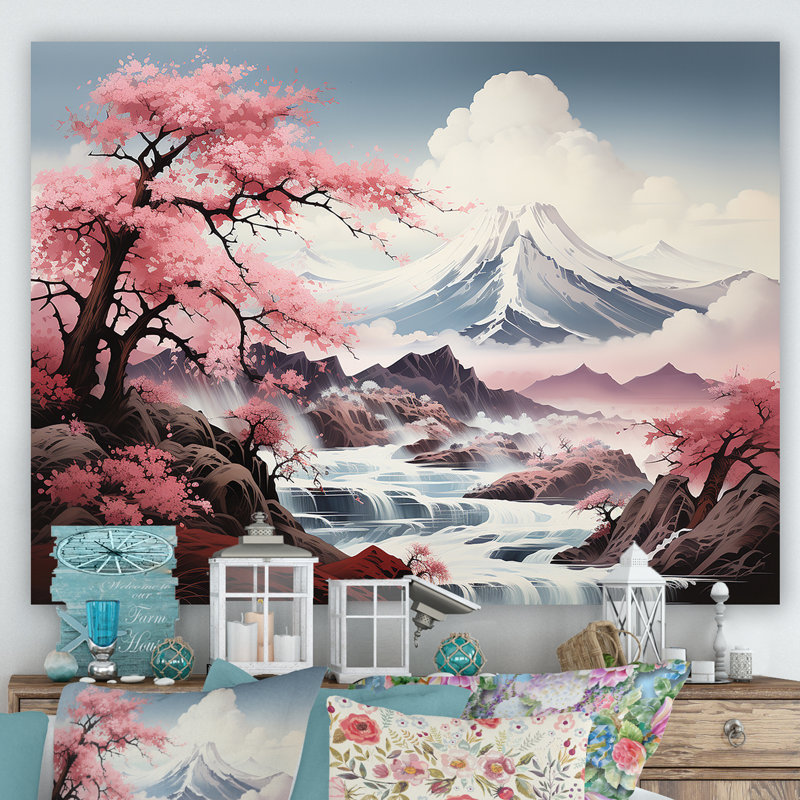 Rose, montagne du Japon, printemps, fleurs de cerisier II - Japon, art mural, Toile tendue, H 24 po x l 32 po x P 1 po