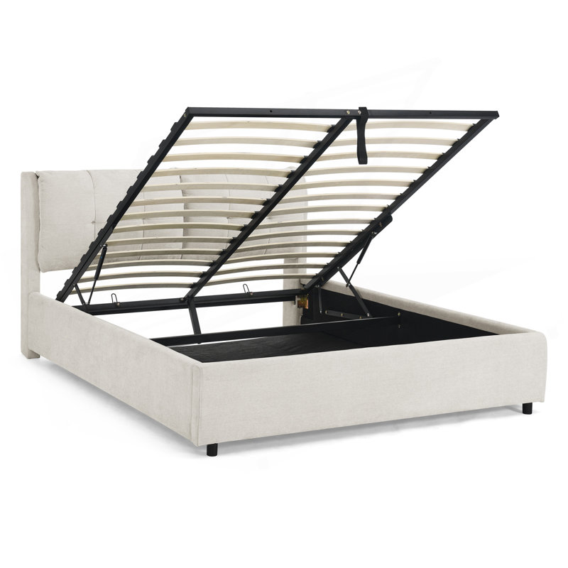 Grand lit plateforme tapissier hydraulique avec tête de lit intégrée en chenille