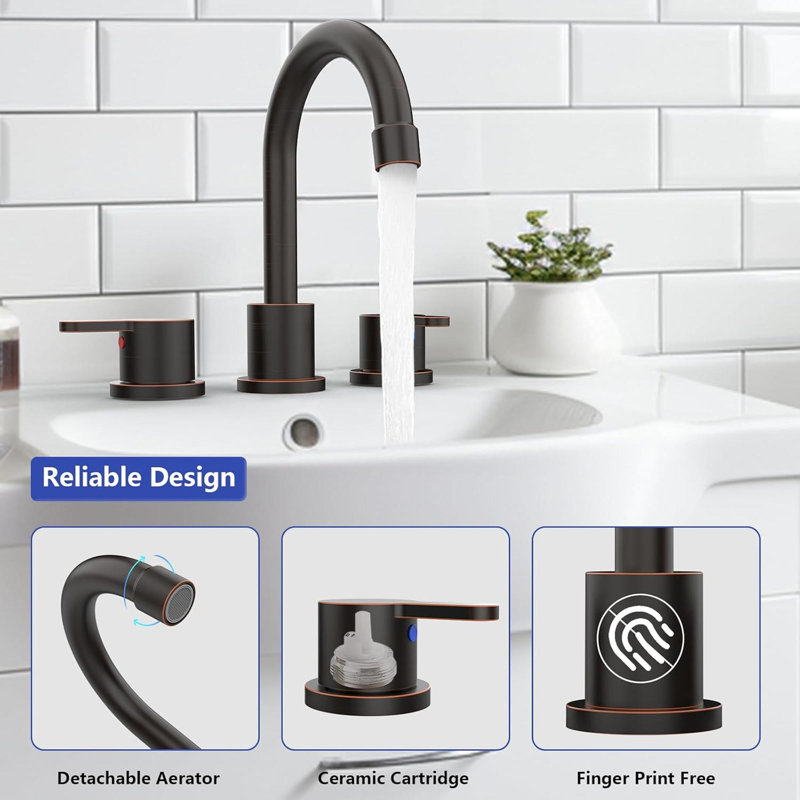 Widespread Bathroom Sink Faucet 2 Handle 8 inch Lavatory Faucet 3 Hole 360° Swivel Spout Vanity Sink Basin Faucets with Pop Up Drain Assembly