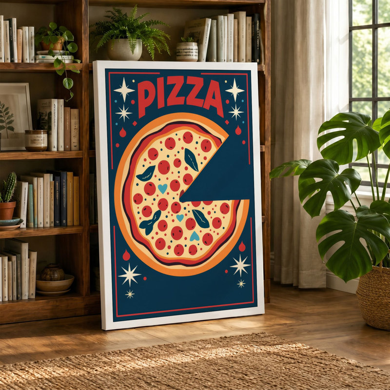 Pizza Under Stars Retro - Wrapped Canvas, 24x16 - 61.0 x 40.6 cm, Teal Border