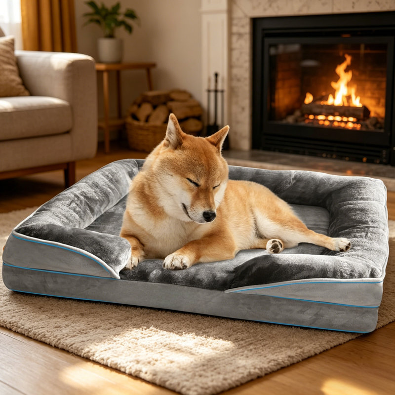 Lit pour chien de grande race, taille L, gris, avec mousse de soutien latérale, amovible, lavable, imperméable et antidérapant.