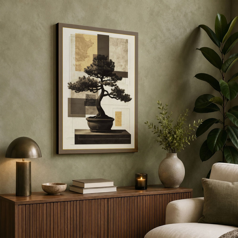 Bonsai in Geometry Japandi - Wrapped Canvas, 18x12 - 45.7 x 30.5 cm, Ochre Border