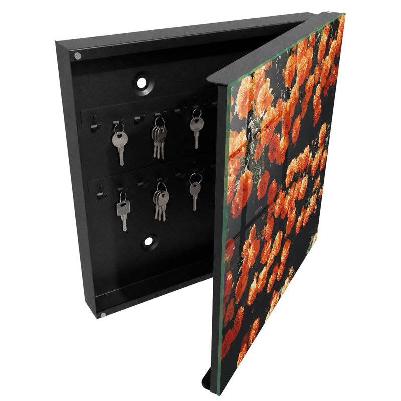 Wall mounted key box, Opens to the right, 30x30x5, White, Orange flowers on a dark background, 