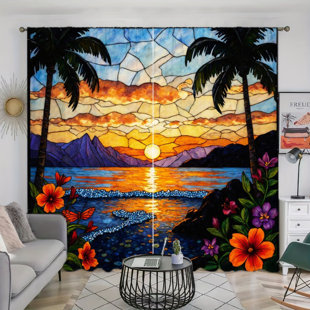 2PCS Tropical Sunset Beach Landscape Stained Glass Style Light Filtering Curtain with Palm Trees Ocean Waves Flowers, Vibrant Summer Decor, Easy Hang Rod Pocket Design, All-Season Curtains for Home Living Room Bedroom Apartment Decoration (Set of 2)