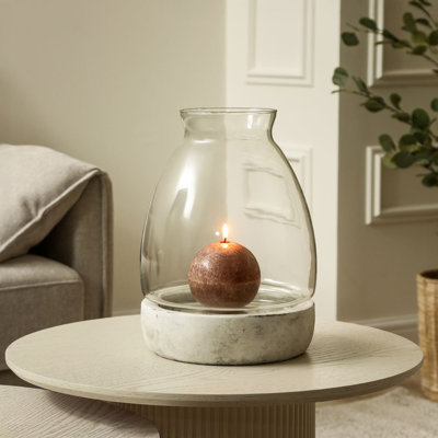 Sundstrom 34.5cm White Natural Stone Tabletop Hurricane Candle Holder for Living Room Modern Home Accent Piece