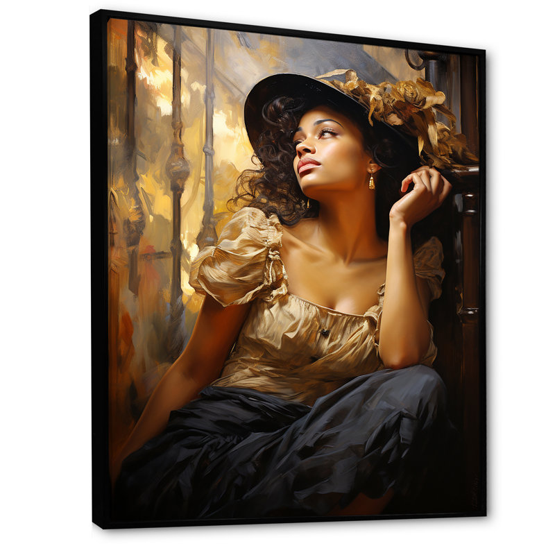 Harlem Renaissance Reverie Woman, reproduction d'art sur toile, Cadre flottant noir, H 40 po x l 30 po x P 1,5 po