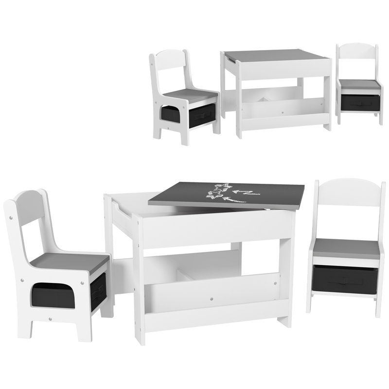 Qaba 3 Piece Kids Table And Chair Set, 2 In 1 Toddler Table And Chair Set With Reversible Tabletop, Blackboard, Storage, Bookshelves, For Playroom, Nursery, Classroom