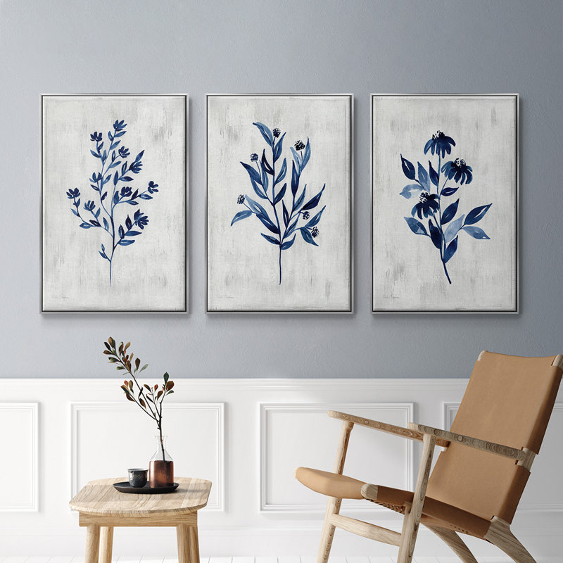 Wild Indigo I, ensemble de 3 toiles encadrées sur toile, H 40 po x l 78 po, Argent