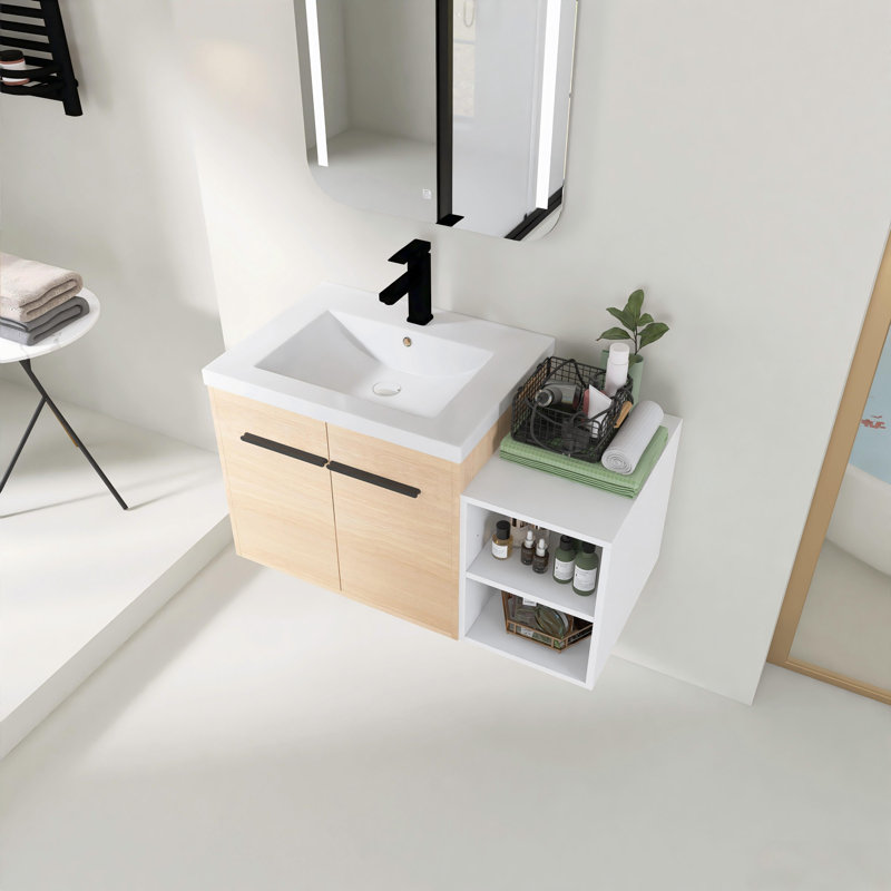 Meuble-lavabo mural simple 36 po, lavabo flottant avec 2 portes, lavabos en résine blanche et tablettes de rangement