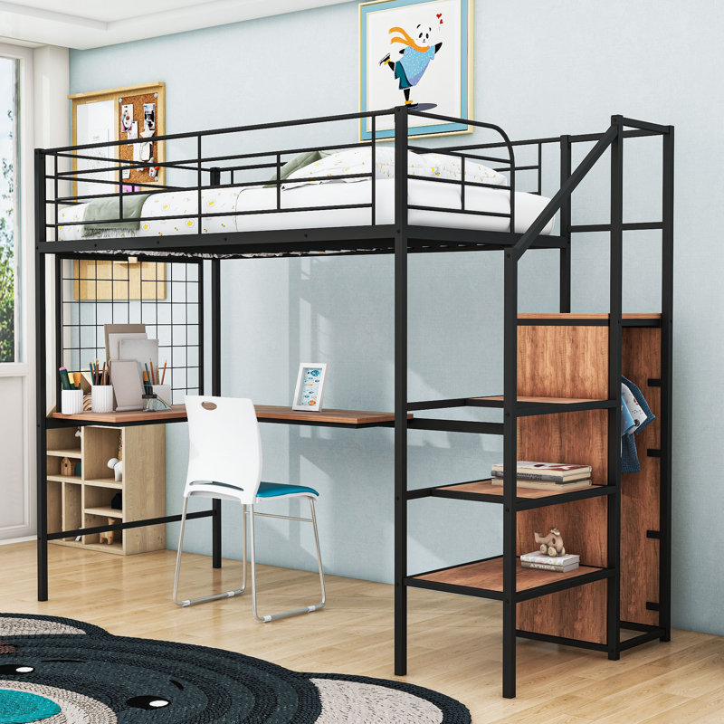 Metal Loft Bed With LED Lighting, Built-In Desk,Staircase, And Wardrobe, Twin, Black