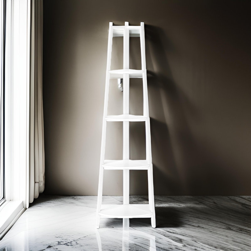 Zyn 59 Inch Corner Shelf, 4 Tier Etagere Open V Ladder Bookcase, White, White