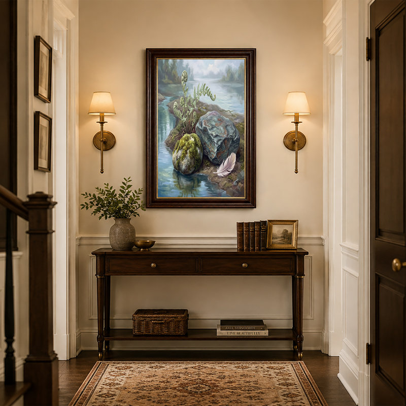 «Green Ferns and Mossy Rocks» par River with Feather, art mural sur toile, 12"H x 18"W