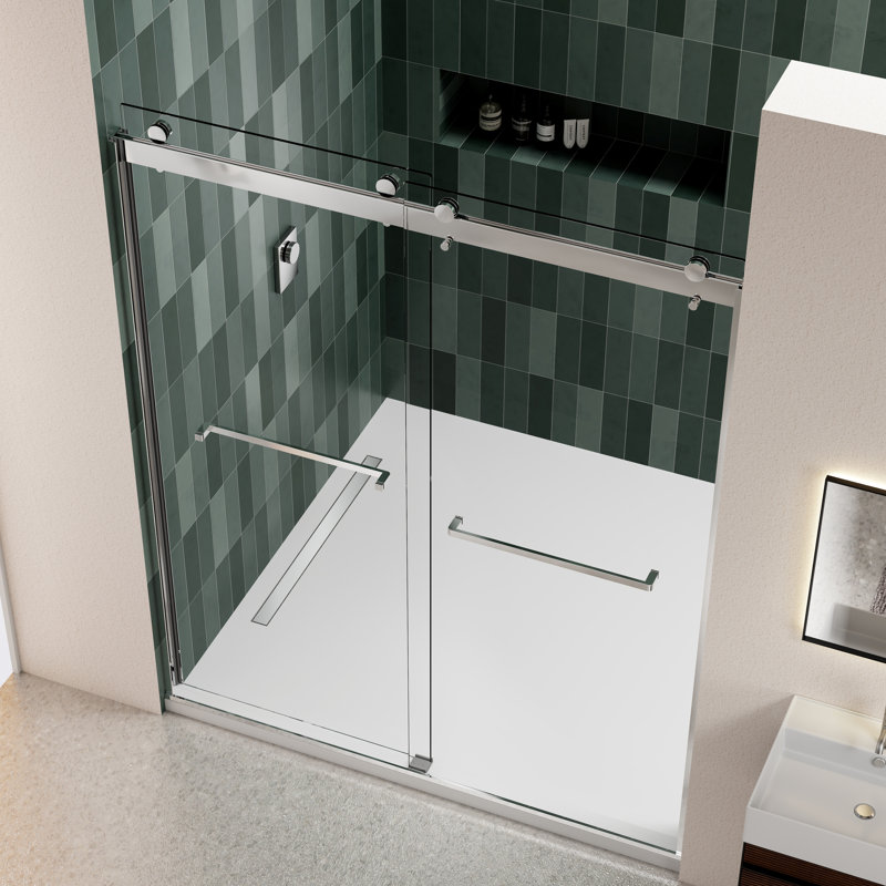 Porte de douche coulissante à dérivation - Verre trempé transparent de 5/16 po, nickel brossé, facile à nettoyer avec du verre trempé, hygiène