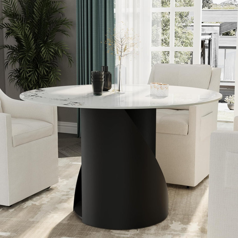 48 Inch White Sintered Stone Dining Table With Black Finish Metal Base