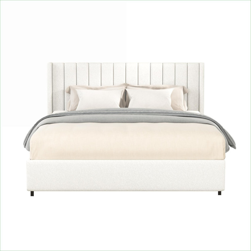 Queen Size Platform Bed, Warm Beige Boucle Upholstered, 4-Drawer Storage with Tufted Headboard for Bedroom, Ivory