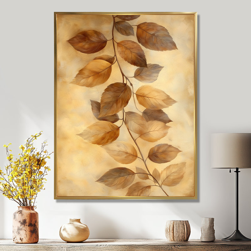Brun sépia délavé VI - feuilles, art mural, H 44 po x l 34 po, Reproduction avec cadre flottant, Doré
