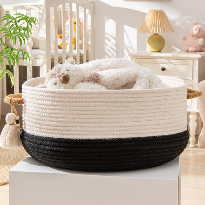 Woven Baskets for Storage(16"x8"),Blanket Basket for Organizing Living Room,Cotton Rope Basket Woven Baby Laundry Hamper,Collapsible Laundry Room Organization,Clothes,Toy Chest(Black)