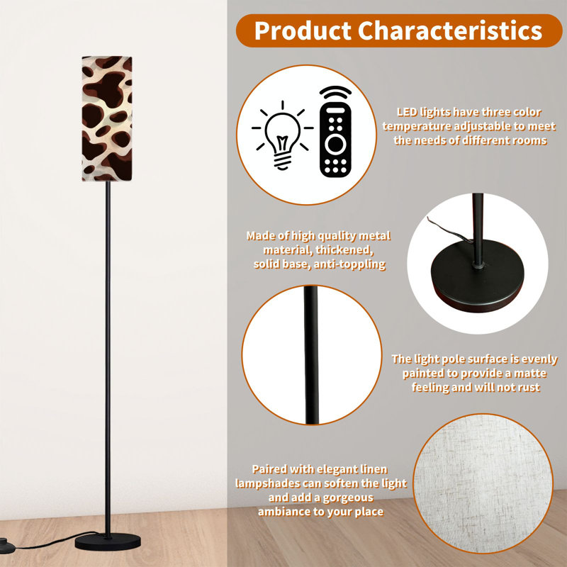  68.5" Standing Floor Lamp Abstract Cow brown Dimmable Metal Pole Lamp with Linen Lampshade LED Bulb Included