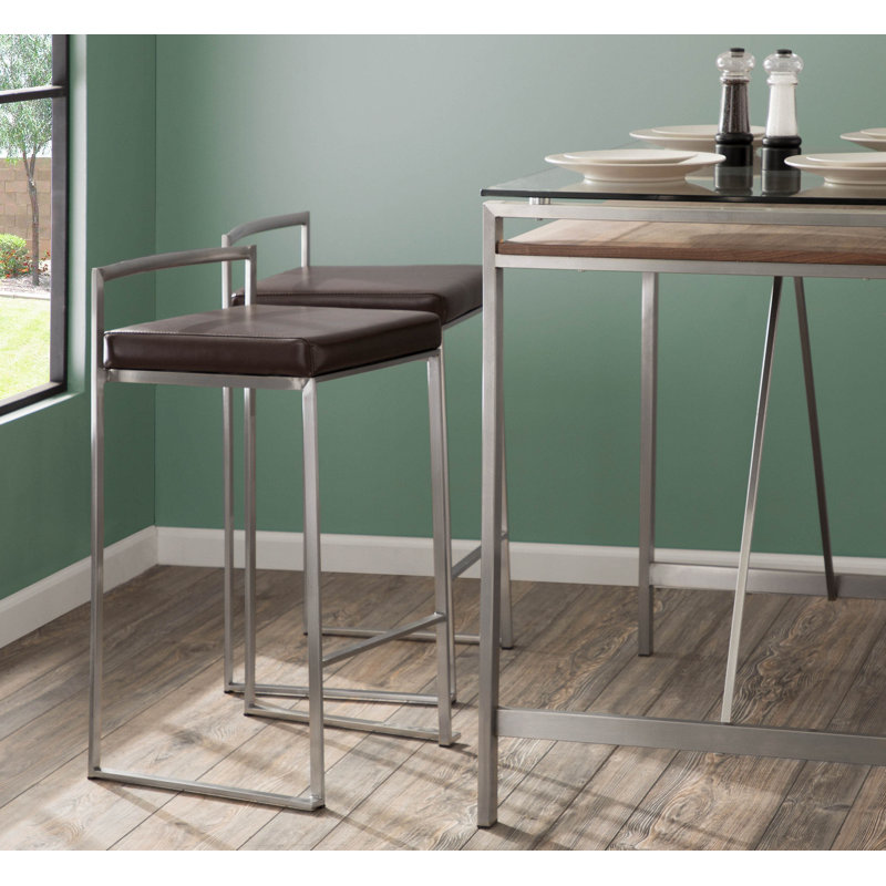 Tabouret de bar et de comptoir Brieon, Similicuir brun, Tabouret de comptoir (siège d'une hauteur de 27 p, Acier Inoxydable
