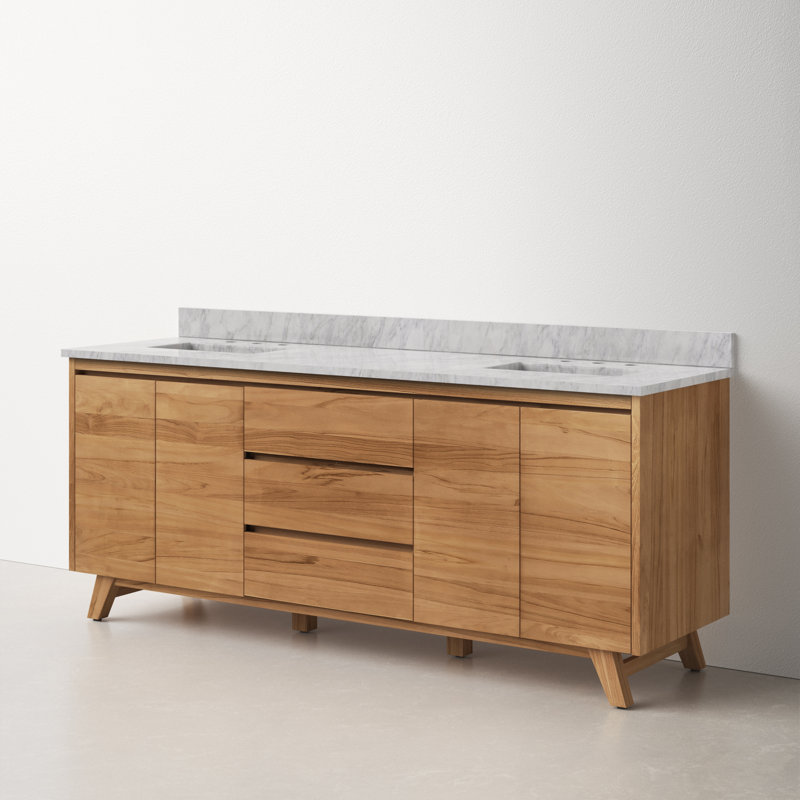 Coventry 72" Double Bathroom Vanity with Carrara Marble Top, Natural Teak