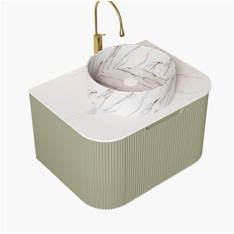 DINA 24" Bathroom Vanity with Sink, Wall-Mounted Floating Curved Edges Striped Bathroom Storage Cabinet with Drawer, White Round Ceramic Basin with Stone Pattern, Pre-assembled, Light Green Color
