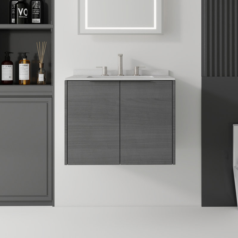 Meuble-lavabo flottant 24 po avec lavabo, porte à fermeture douce, comptoir en granite blanc 0,6 po et dosseret