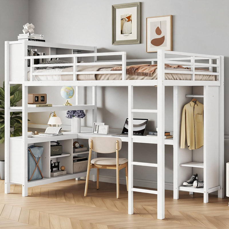 Loft platform bed for small dorms and bedrooms, full size storage-focused metal and MDF construction, clean white finish with integrated wardrobe and desk