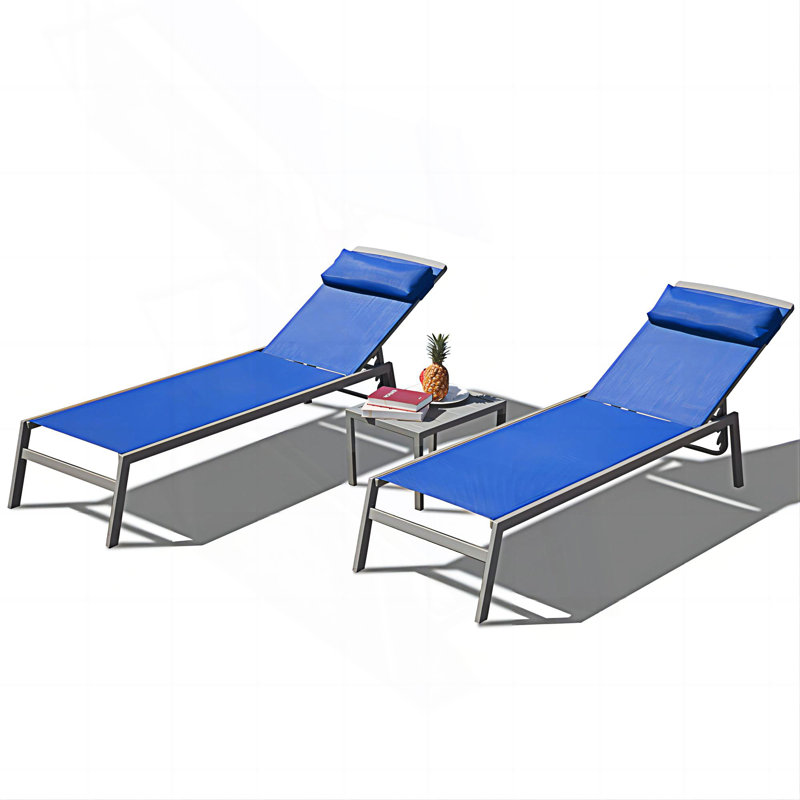 Patio Chaise Lounge Set, 3 Pieces Adjustable Pool Lounge Chairs With Table, Pool Lounge Chairs, Blue