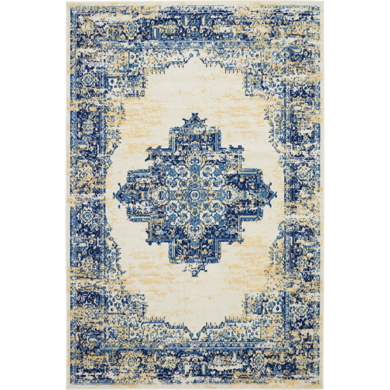 Burnie Oriental Blue/Ivory Area Rug, Rectangle 6' x 9'