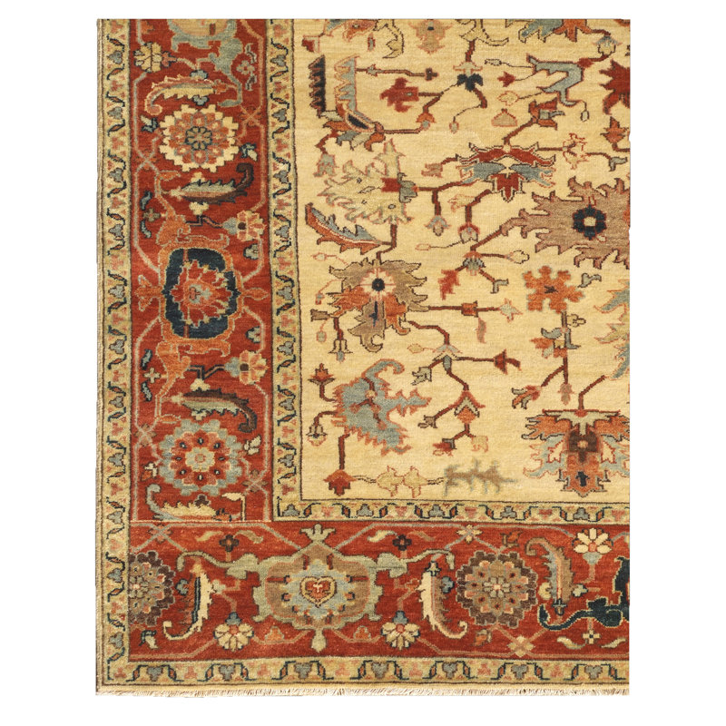 Antique Weave Serapi Oriental Hand-Knotted Wool Area Rug in Beige/Red/Light Blue, Rectangle 9' x 12'