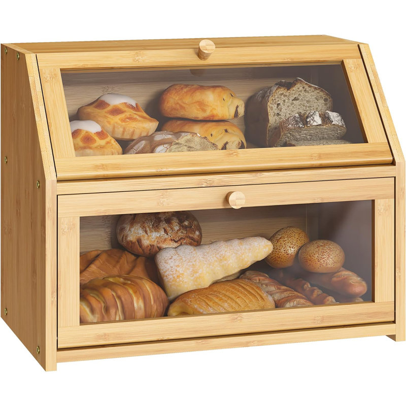 Bread Storage Farmhouse Bread Box For Kitchen Countertop Bread Container With Clear Window Breadbox Double Layer Bamboo Extra Large Capacity Bin Kitchen Food Storage Container(Natural)