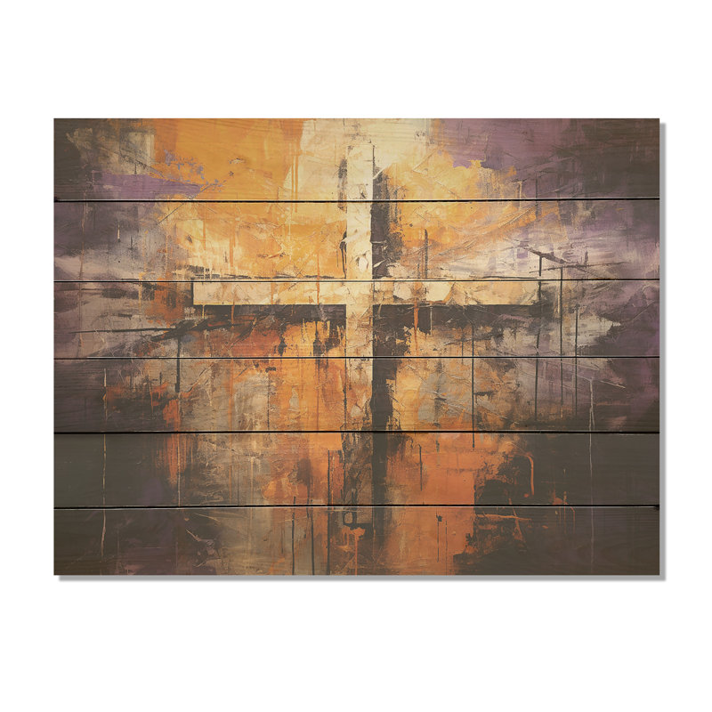 Minimalism Religious Cross I - Religious Landscape Wood Art On Natural Pine Wood, 10" H x 20" W