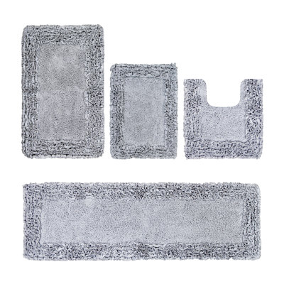 Courson Premium 100% Cotton 1775 GSM 4-Piece Bath Rug Set, OEKO-TEX® Certified, Non-Slip Spray Latex Backing, Plush Tufted Ruffle Pattern, Super Absorbent, Machine Washable Bathroom Rugs, Silver