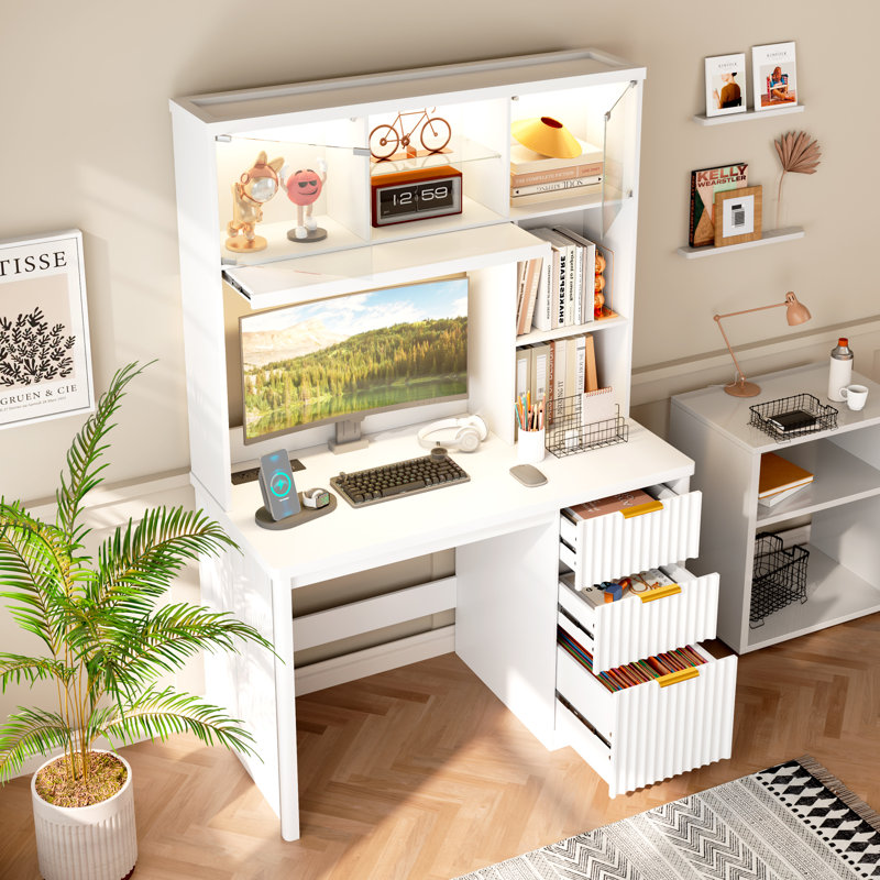 MDF Computer Desk with Built-In Electrical Outlet, White