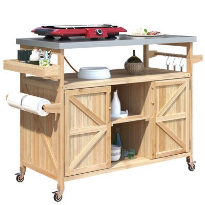 Outdoor Kitchen Island, Rolling Bar Cart & Storage Cabinet, Farmhouse Solid Wood Outdoor Grill Table With Stainless Steel Top, Spice Rack, Towel Rack For Kitchen & BBQ