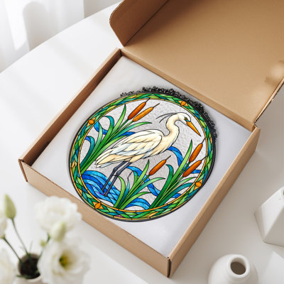 White Egret and Cattails in Stained Glass Circle Canvas Wall Art