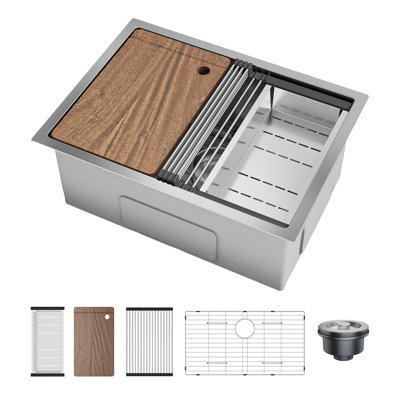 Évier simple encastré en acier inoxydable avec rebord et accessoires pour poste de travail, cuisine de préparation