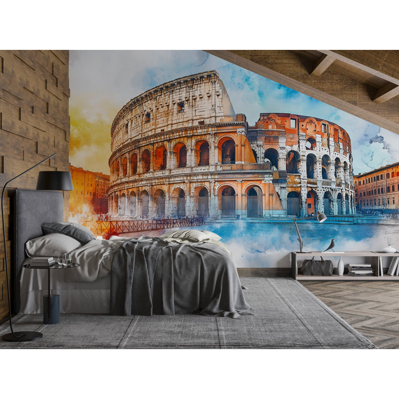 Papier peint Rome Colosseum - aquarelle, Italie antique, fond d'écran Vn925 (Peel-N-Stick) VN925, L 145 po x l 100 po
