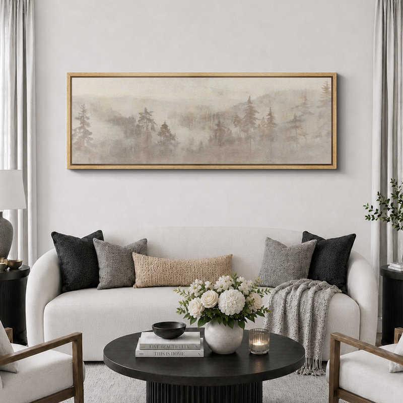 «Woodland Forest Landscape Misty Forest Soft Neutral Landscape Illustration Modern Large Large Canvas Art, art mural»