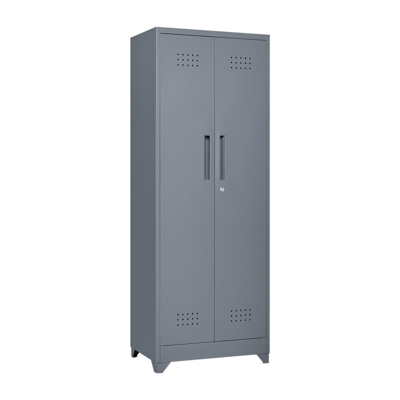 Armoire de rangement en métal robuste avec portes verrouillables, tablettes, tringle de suspension et crochets en S pour organiser les outils et les produits de nettoyage