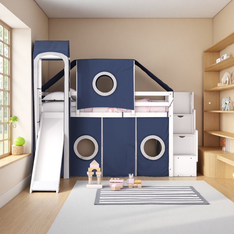 Lit mezzanine avec tente et tour, Bleu, Lit simple