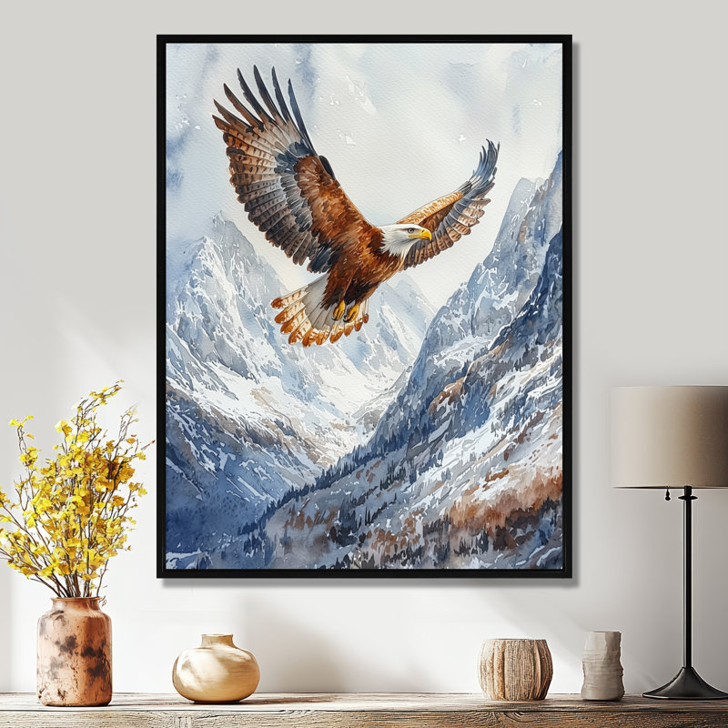 Waverley, aigle brun volant au-dessus de montagnes I - grand art mural, Noir, Impression encadrée flottante