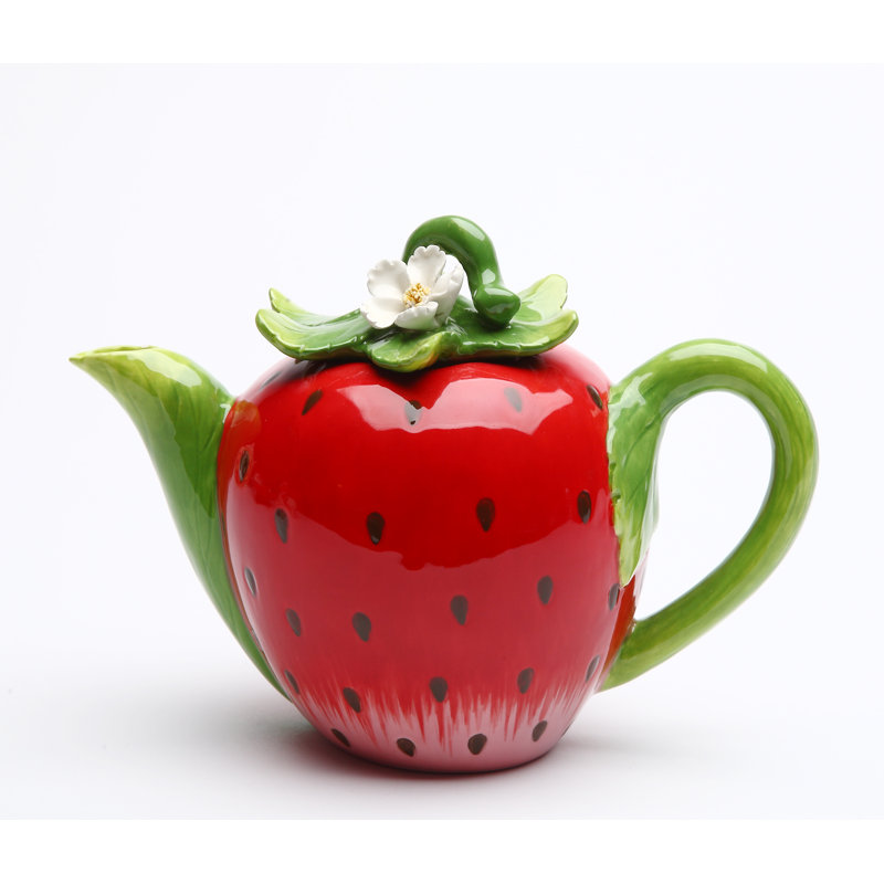 Hand-Painted Ceramic Strawberry Teapot with Green Handle, 12oz