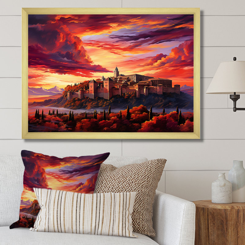 Spain Sunset Over The Alhambra I - Landscapes Canvas Art Print, H 16 po x l 32 po x P 1 po, Cadre doré à une seule photo