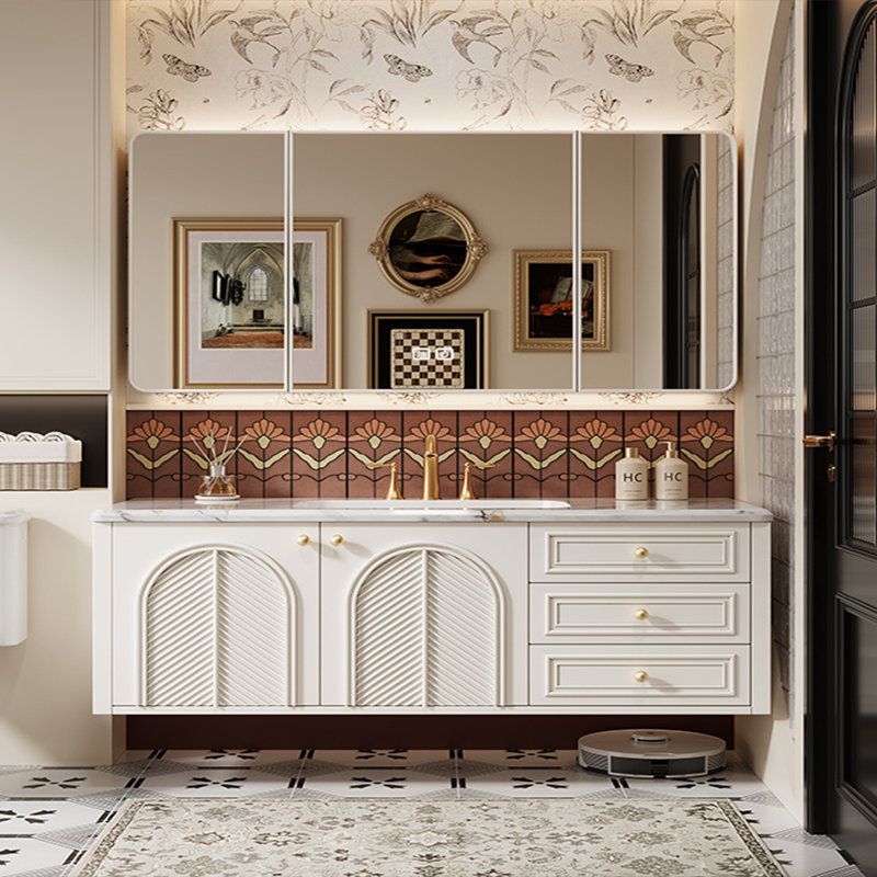 Retro French style bathroom cabinet, 19.69" H x 62.99" W x 19.69" D, White